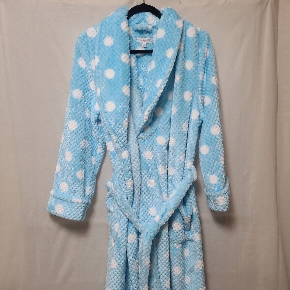 Kim Rogers Intimates Large Plush Soft Wrap Robe Blue White Polka Dot Pockets